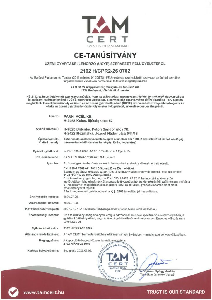 EN 1090-1 EXC3 CE-tanúsítvány (TAM CERT)