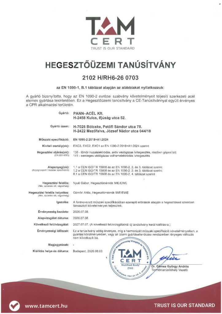 EN 1090-2 EXC3 hegesztőüzemi tanúsítvány (TAM CERT)