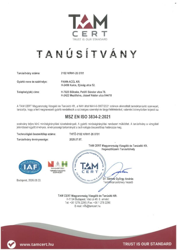 MSZ EN ISO 3834-2:2021 tanúsítvány (TAM CERT)