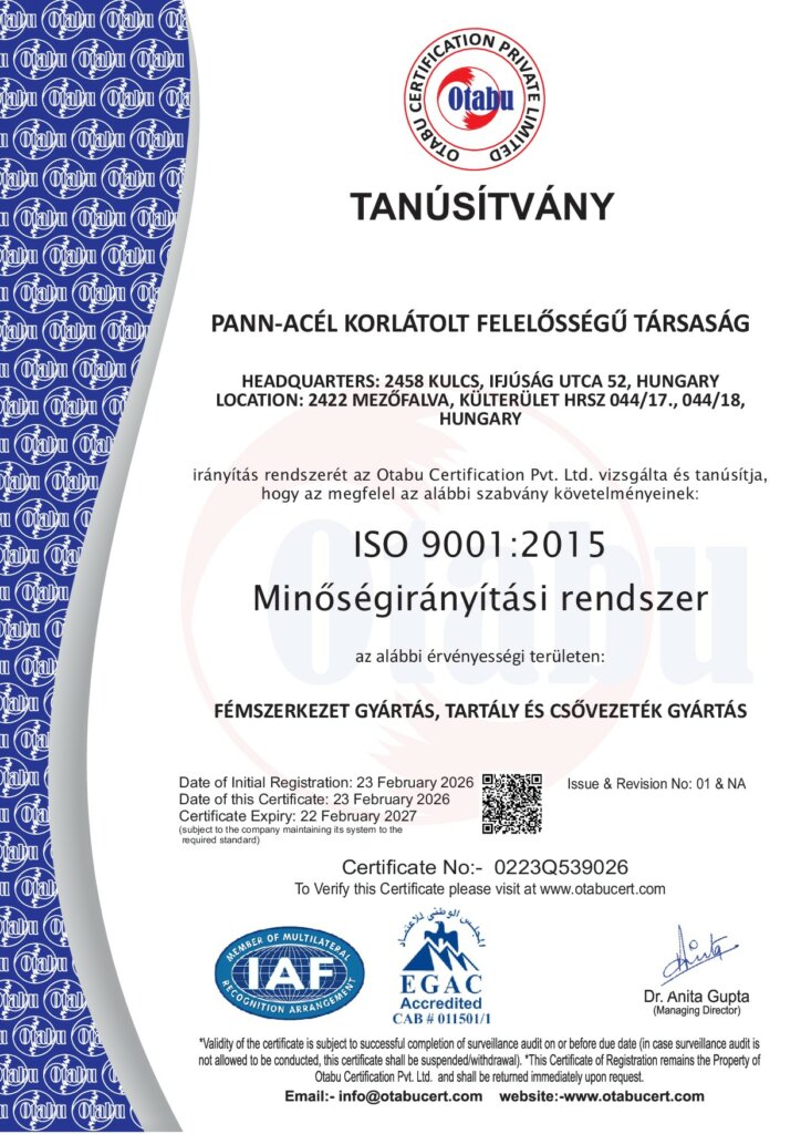 ISO 9001:2015 minőségirányítási rendszer tanúsítvány (Otabu)